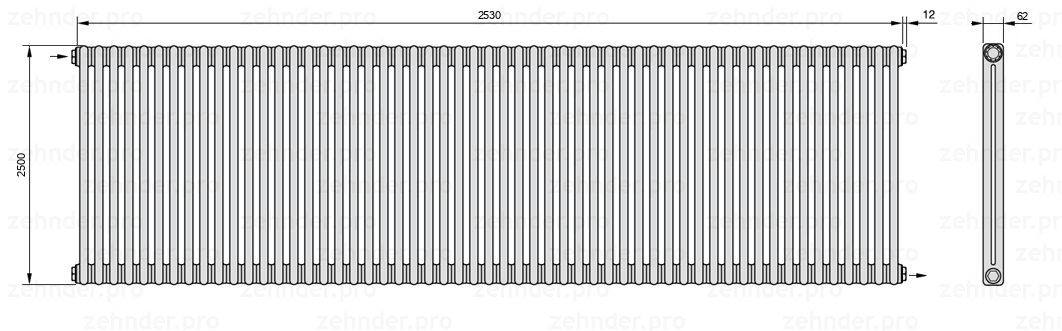 Схема (чертеж) Радиатор Zehnder Charleston 2250/55 №1670 Белый глянцевый RAL 9016